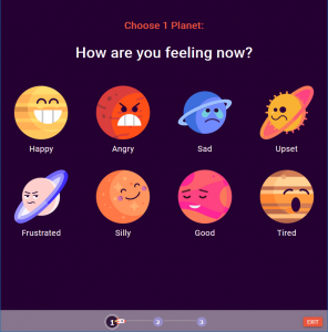 Screenshot of Close Gap application selecting a student's feeling at the moment. Feeling options include happy, angry, sad, upset, frustrated, silly, good, and tired. When the user selects a feeling and clicks Exit, the application moves to another phase. 